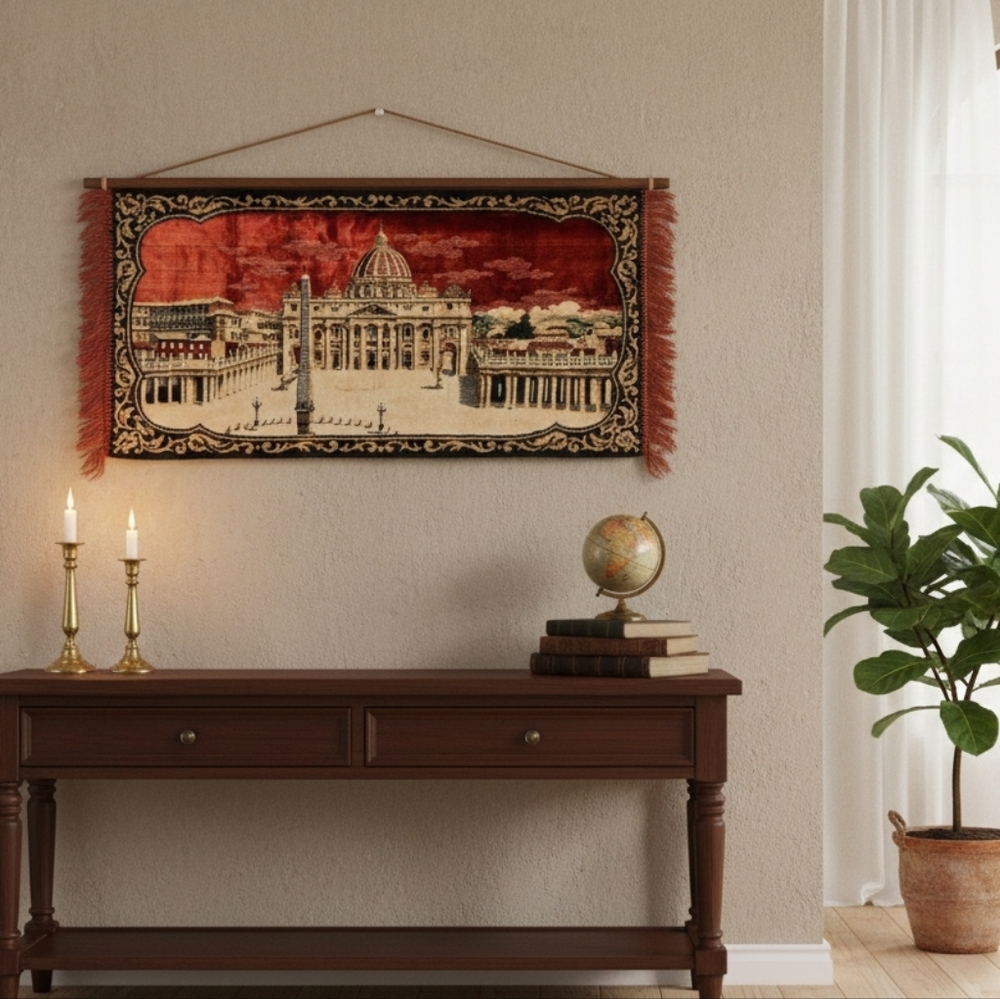 VINTAGE VELVET SOUVENIR RUG / PRAYER MAT - ST. PETER'S BASILICA, VATICAN CITY